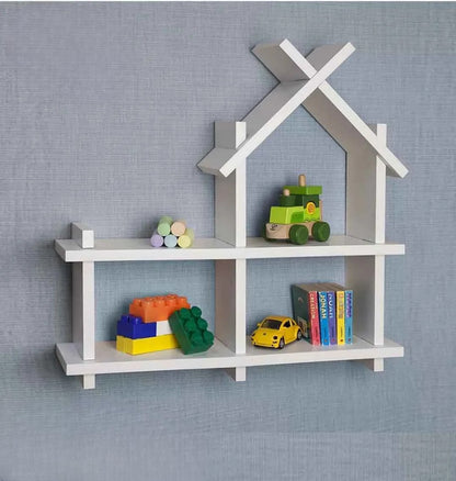 house-shaped wall shelf for modern home decor, made from laminated MDF and used to organize books, toys, and plants.”