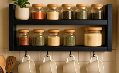 Beautiful Wooden Spice Rack For Kitchen with Hooks