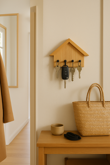 wooden house-shaped key holder mounted on wall