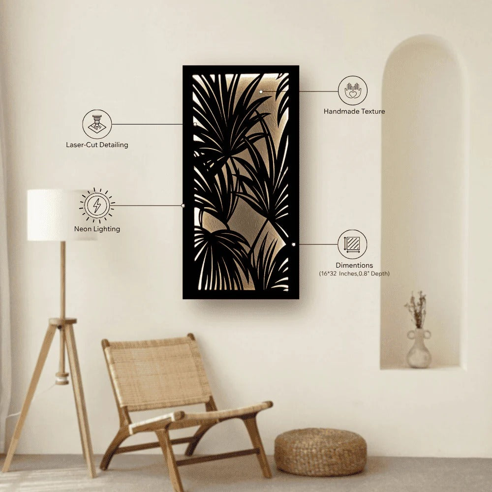 Decorative wall panel with leaf pattern in a modern room setting