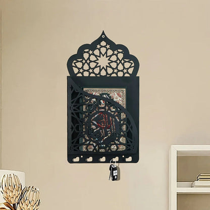 Wall-mounted Islamic Quran holder with intricate black MDF wood design, arched top, and key hooks for home and prayer room decor
